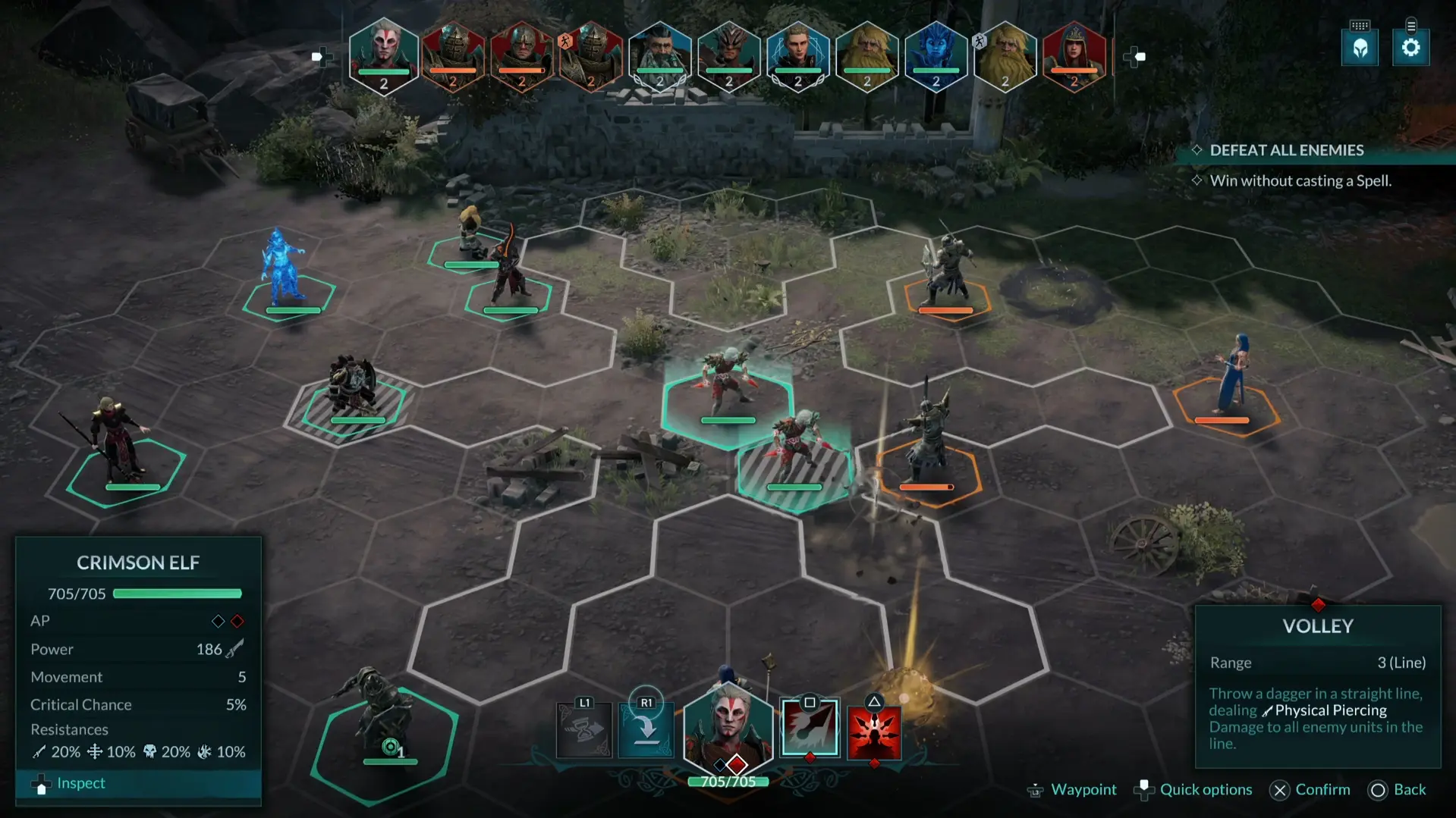 Interfaccia di combattimento di Disciples: Domination con personaggi su una mappa esagonale e pannelli delle abilità.