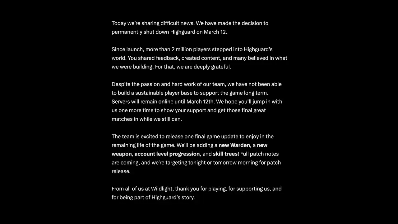 highguard chiude messaggio