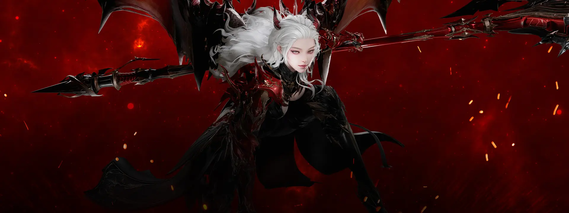 Personaggio demoniaco alato con capelli bianchi e armatura nera e rossa nell’artwork di Lost Ark Ends of the Abyss.