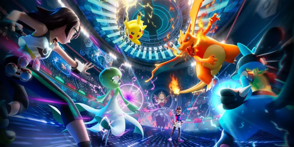 Allenatori affrontano una battaglia con Pikachu, Charizard e altri Pokémon in un’arena futuristica su Pokémon Champions
