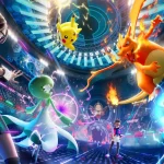 Allenatori affrontano una battaglia con Pikachu, Charizard e altri Pokémon in un’arena futuristica su Pokémon Champions