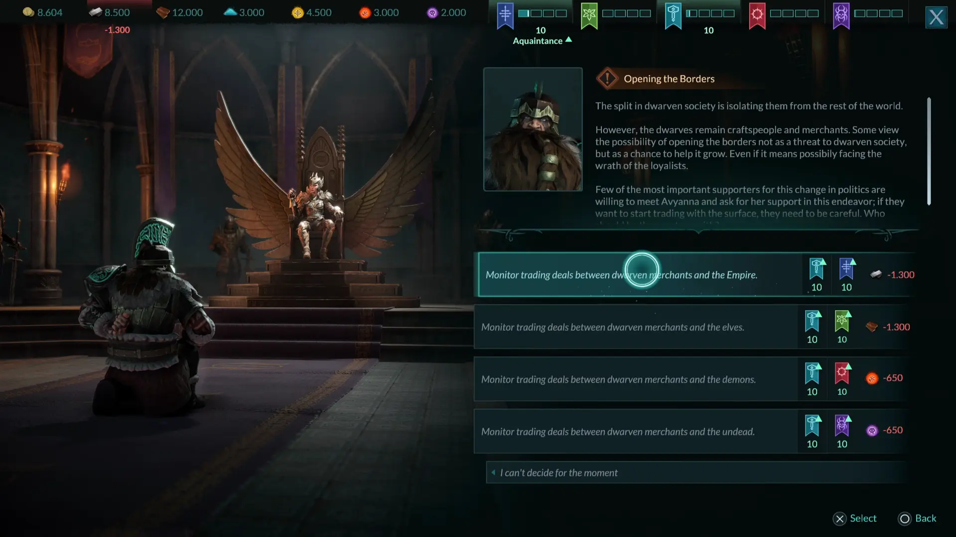 Schermata del Sistema di Rimostranze in Disciples: Domination con un personaggio inginocchiato davanti a un trono e un elenco di scelte diplomatiche.