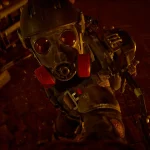 Personaggio con maschera antigas e arma in mano in un ambiente rosso e distrutto all’interno della Zona in S.T.A.L.K.E.R. 2: Cost of Hope.