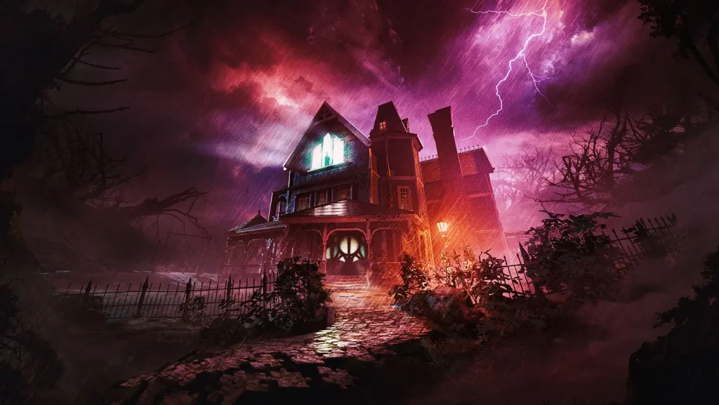 Villa infestata illuminata da fulmini nella notte in The 7th Guest Remake.