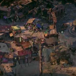 Vista isometrica di una città degradata in Zero Parades – For Dead Spies con edifici distrutti, bancarelle e una piazza centrale