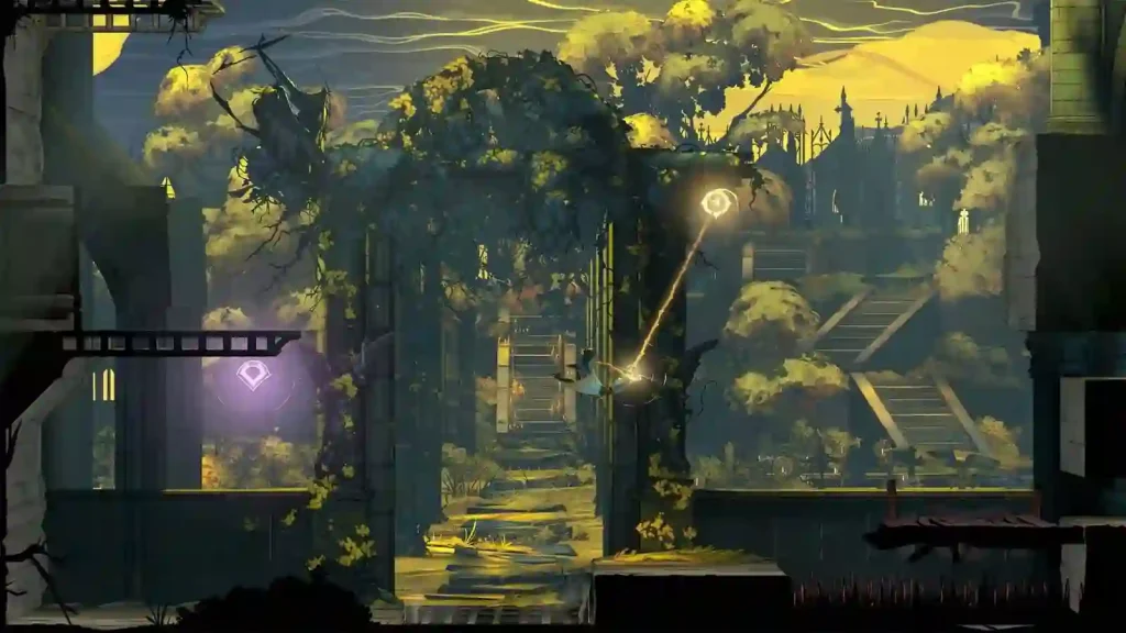 Personaggio che usa una frusta per oscillare tra rovine gotiche in un livello 2D di Castlevania Belmont’s Curse