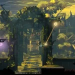 Personaggio che usa una frusta per oscillare tra rovine gotiche in un livello 2D di Castlevania Belmont’s Curse