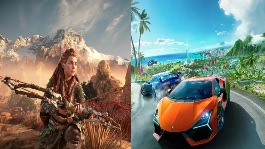 Immagine divisa: a sinistra Aloy di Horizon Zero Dawn con arco in un paesaggio montano; a destra auto sportive in corsa su un’isola tropicale in The Crew Motorfest. Parte della lineup di PS Plus Extra/Premium