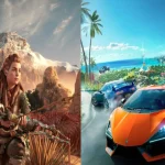 Immagine divisa: a sinistra Aloy di Horizon Zero Dawn con arco in un paesaggio montano; a destra auto sportive in corsa su un’isola tropicale in The Crew Motorfest. Parte della lineup di PS Plus Extra/Premium