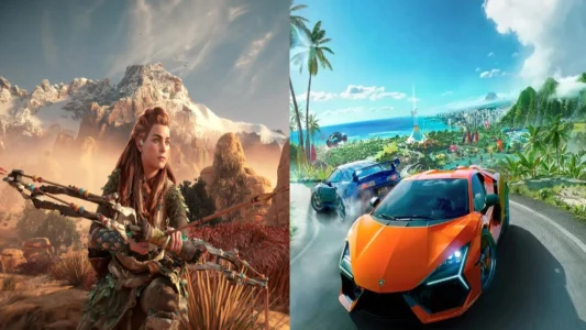 Immagine divisa: a sinistra Aloy di Horizon Zero Dawn con arco in un paesaggio montano; a destra auto sportive in corsa su un’isola tropicale in The Crew Motorfest. Parte della lineup di PS Plus Extra/Premium