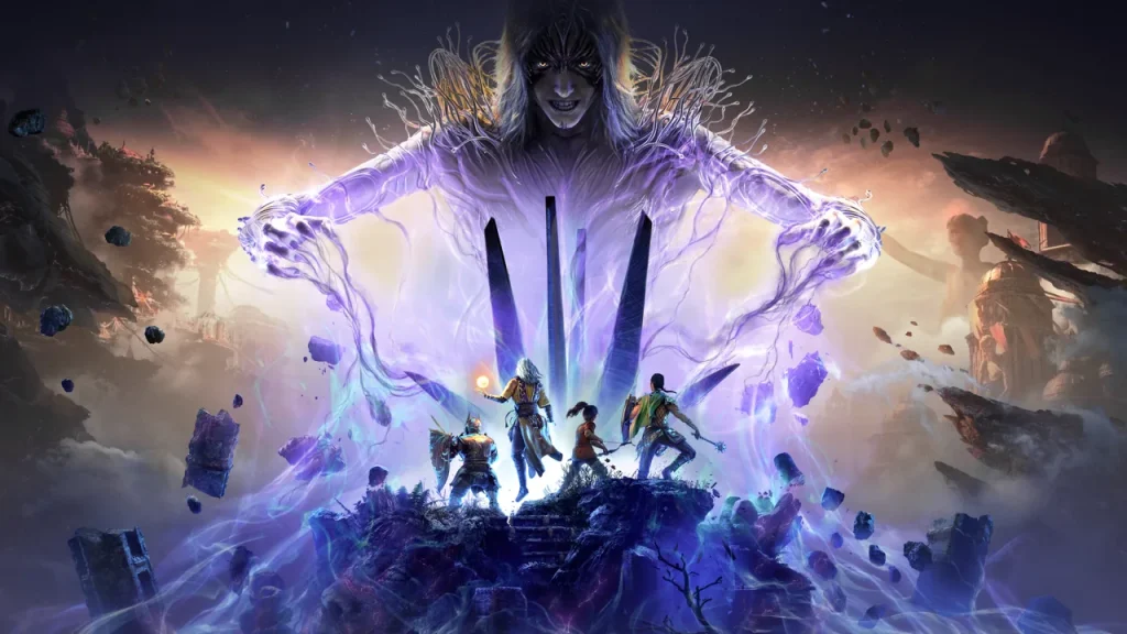 Gruppo di avventurieri combatte una creatura magica gigante in Solasta II con effetti visivi viola e ambientazione fantasy epica.