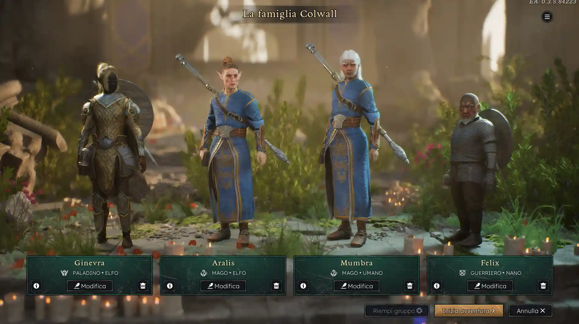 Schermata di creazione del party in Solasta II con quattro avventurieri personalizzabili