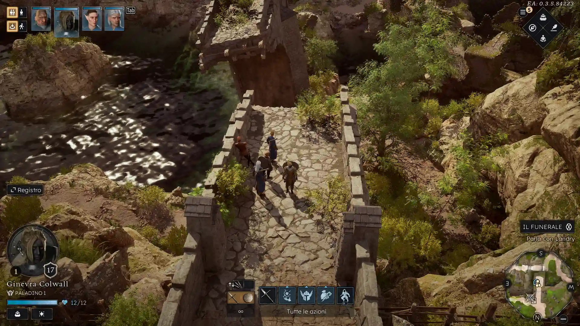 Il party di Solasta II esplora un ponte in pietra in visuale isometrica con interfaccia di gioco visibile