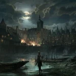 Automa solitario osserva una città in fiamme di notte lungo un fiume in un’ambientazione ispirata alla Parigi rivoluzionaria. Ultimo soulslike di Spiders