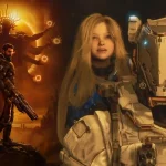 Artwork di Saros e Pragmata: un soldato armato davanti a una figura oscura infuocata e una ragazza accanto a una tuta spaziale futuristica, parte delle uscite di aprile 2026