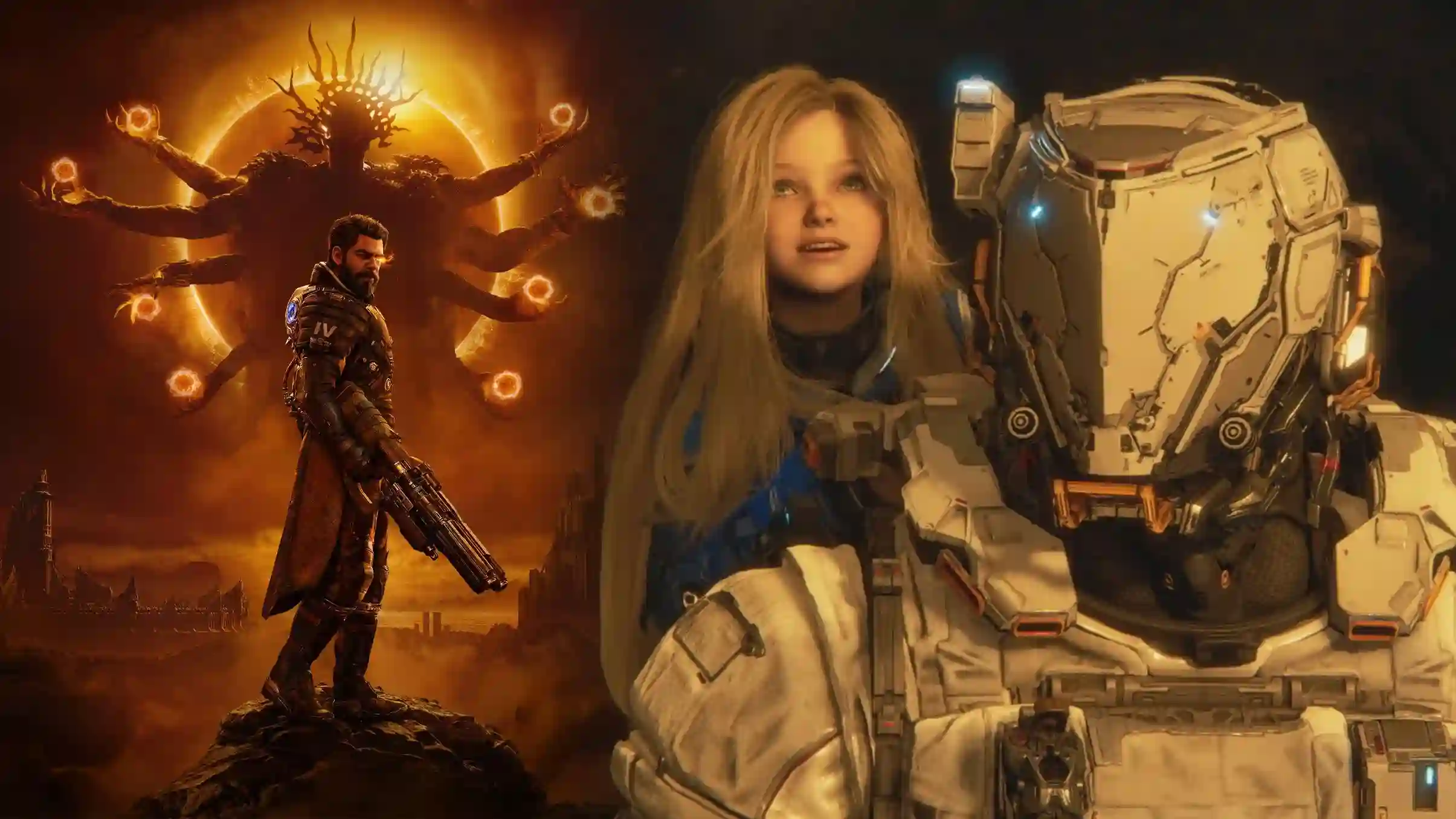 Artwork di Saros e Pragmata: un soldato armato davanti a una figura oscura infuocata e una ragazza accanto a una tuta spaziale futuristica, parte delle uscite di aprile 2026