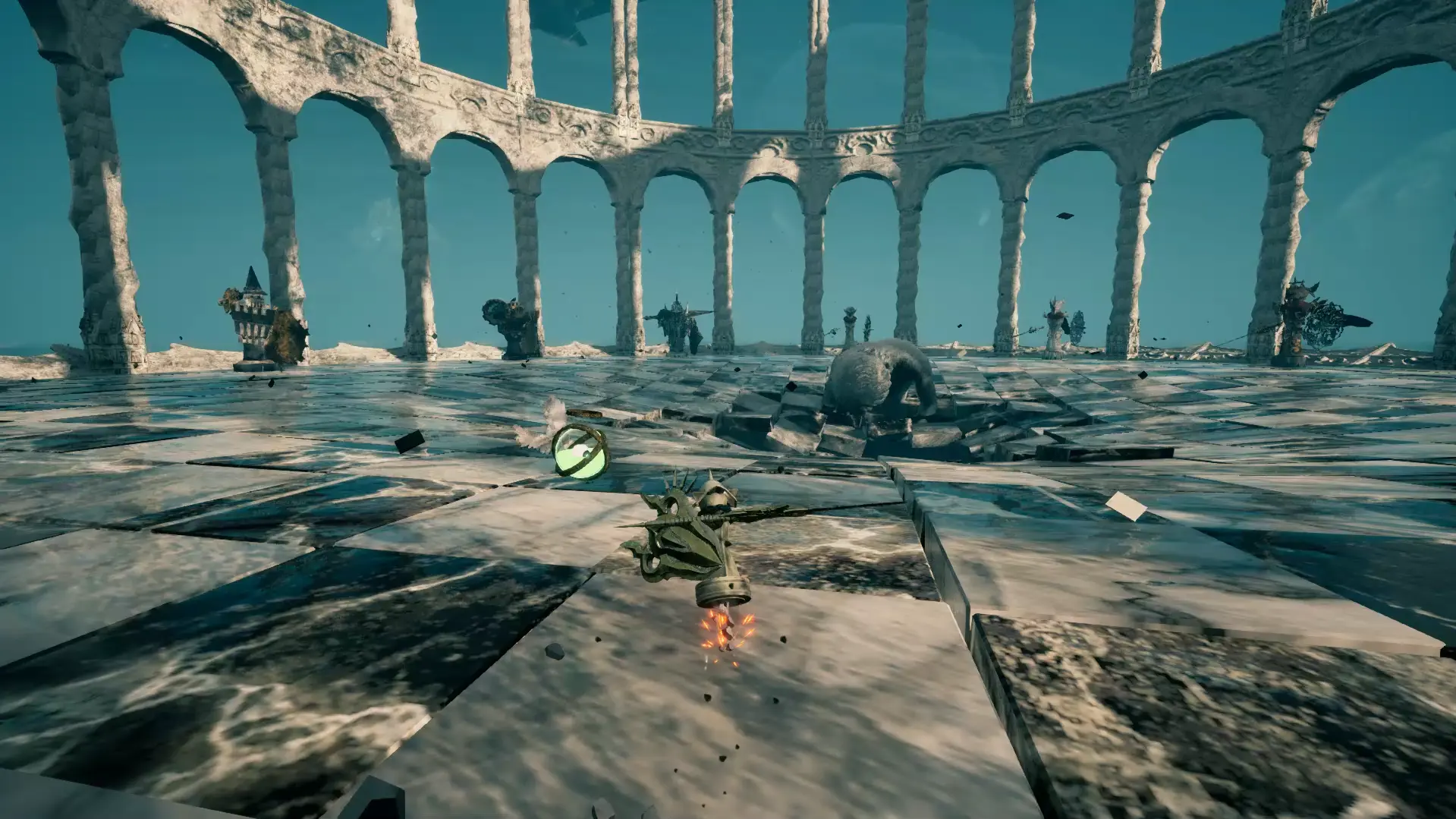 Arena in stile scacchiera con archi e protagonista che affronta nemici in Stonemachia.