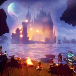 Un gruppo di ribelli osserva un castello in fiamme sul lago nel mondo fantasy di Calame.
