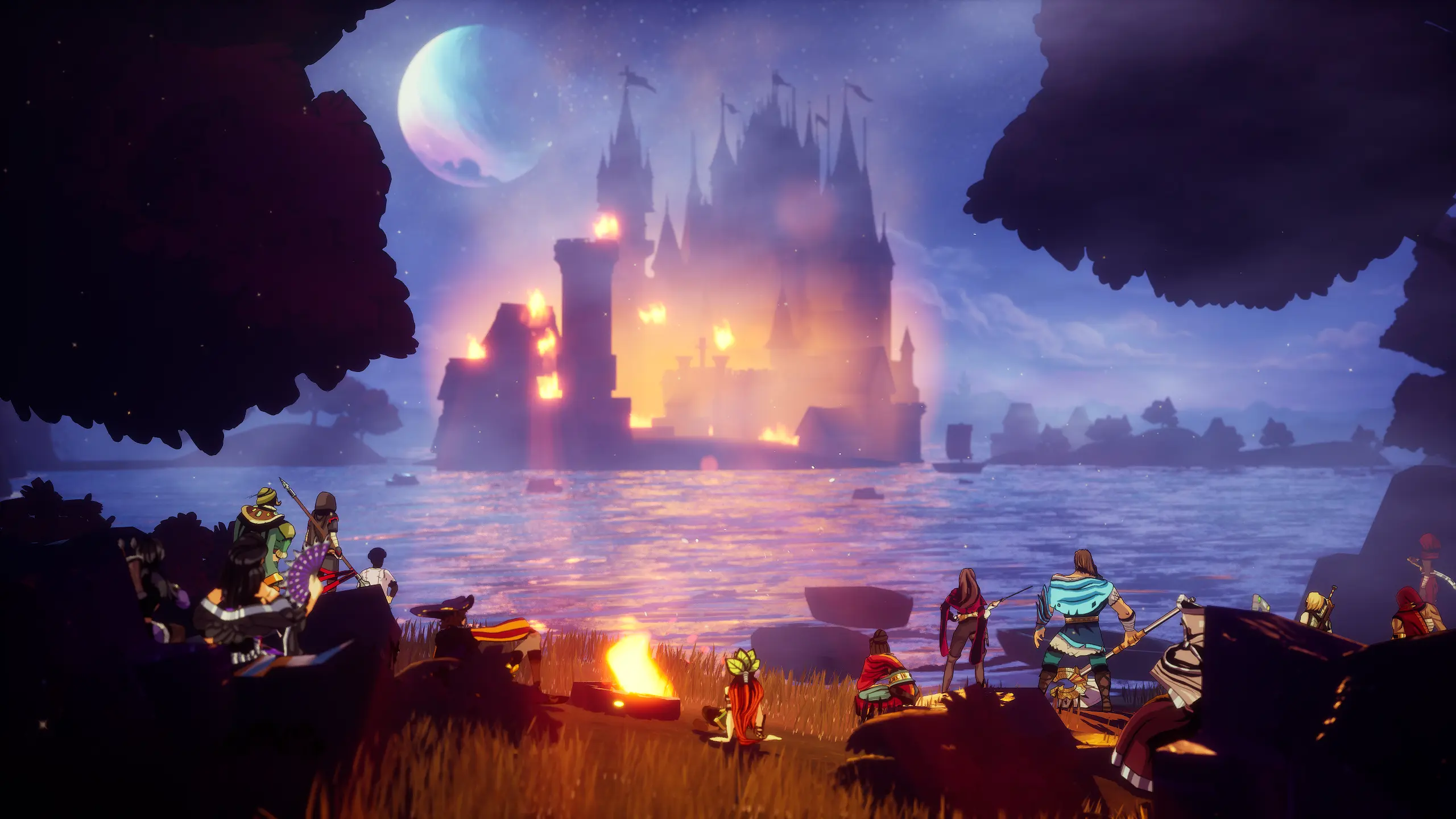 Un gruppo di ribelli osserva un castello in fiamme sul lago nel mondo fantasy di Calame.