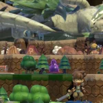 Scena di gameplay di Viractal con personaggio su plancia, mostri e mondo fantasy