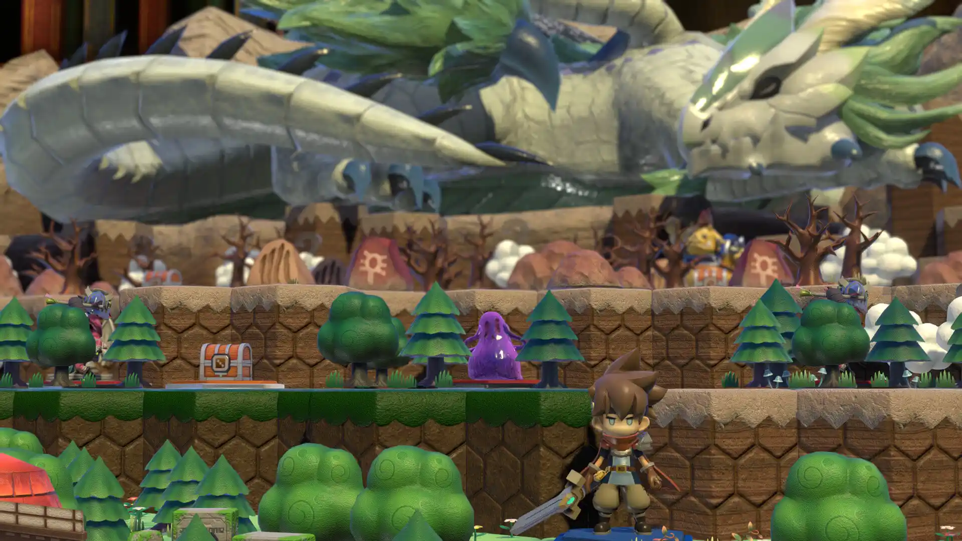 Scena di gameplay di Viractal con personaggio su plancia, mostri e mondo fantasy
