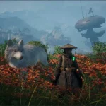 Agosto 2026, uno screenshot del videogioco 'Beast of Reincarnation' che mostra un personaggio giocabile con un cappello conico e un compagno lupo bianco in piedi in un campo di fiori arancioni, con rovine fantascientifiche e montagne nebbiose sullo sfondo.