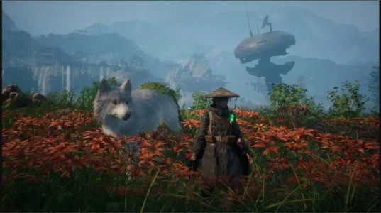 Agosto 2026, uno screenshot del videogioco 'Beast of Reincarnation' che mostra un personaggio giocabile con un cappello conico e un compagno lupo bianco in piedi in un campo di fiori arancioni, con rovine fantascientifiche e montagne nebbiose sullo sfondo.