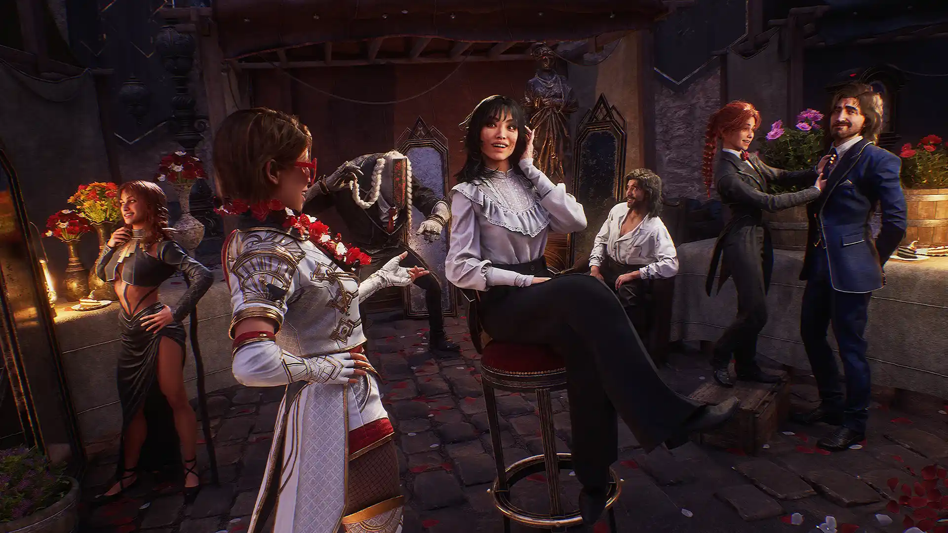 Un artwork in stile fotorealistico del videogioco Clair Obscur: Expedition 33, che mostra un gruppo di sei personaggi in abiti dettagliati ed eleganti all'interno di una sartoria parigina. La donna al centro, seduta su uno sgabello, è il focus dell'inquadratura.