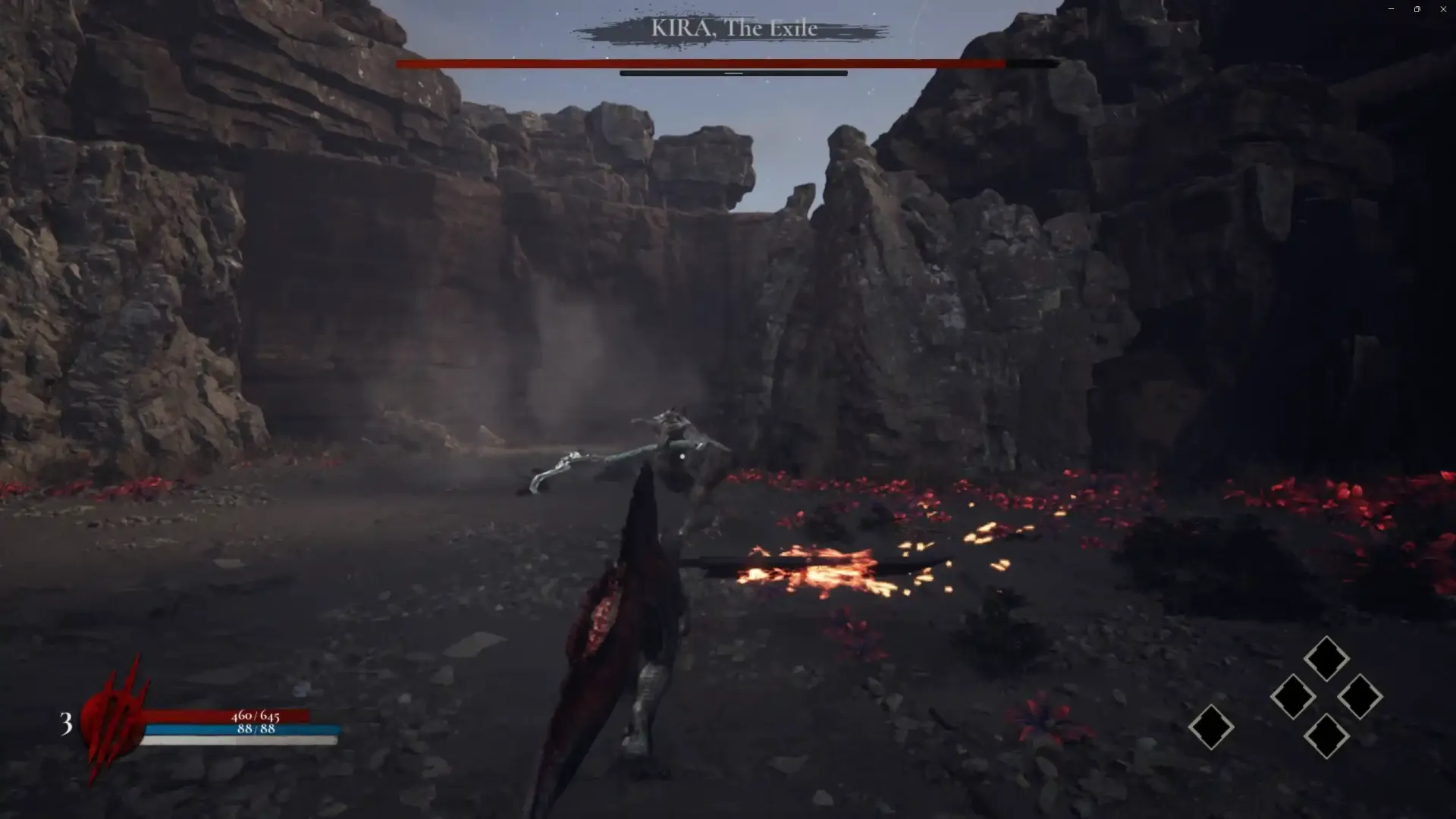 Il protagonista affronta il boss KIRA, The Exile, in un'arena rocciosa mentre la barra della salute del nemico è visibile nella parte superiore dello schermo.