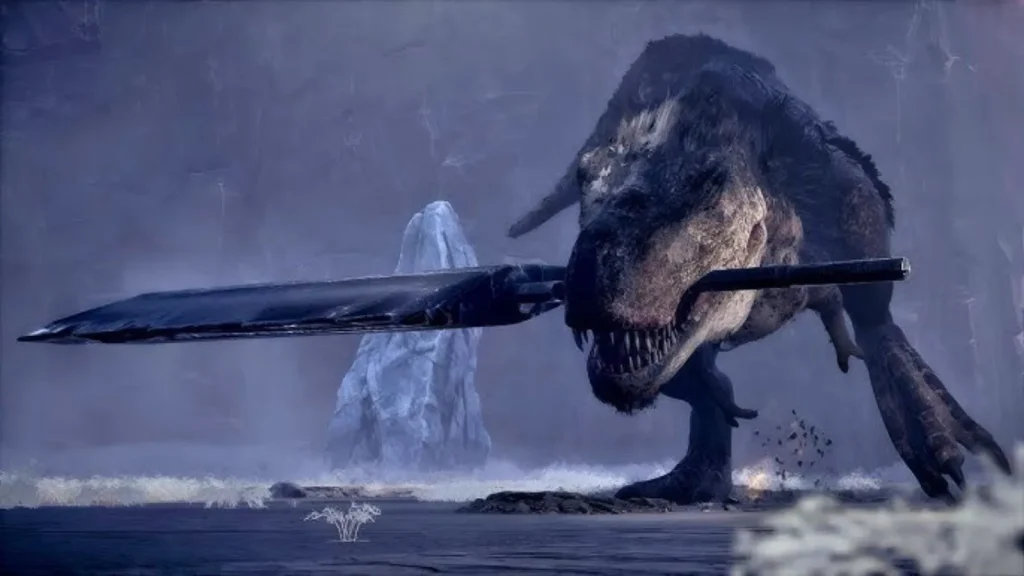 Un grande dinosauro teropode minaccioso che stringe un enorme spadone di metallo tra le fauci in un'ambientazione rocciosa e nebbiosa.