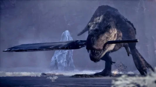 Un grande dinosauro teropode minaccioso che stringe un enorme spadone di metallo tra le fauci in un'ambientazione rocciosa e nebbiosa.