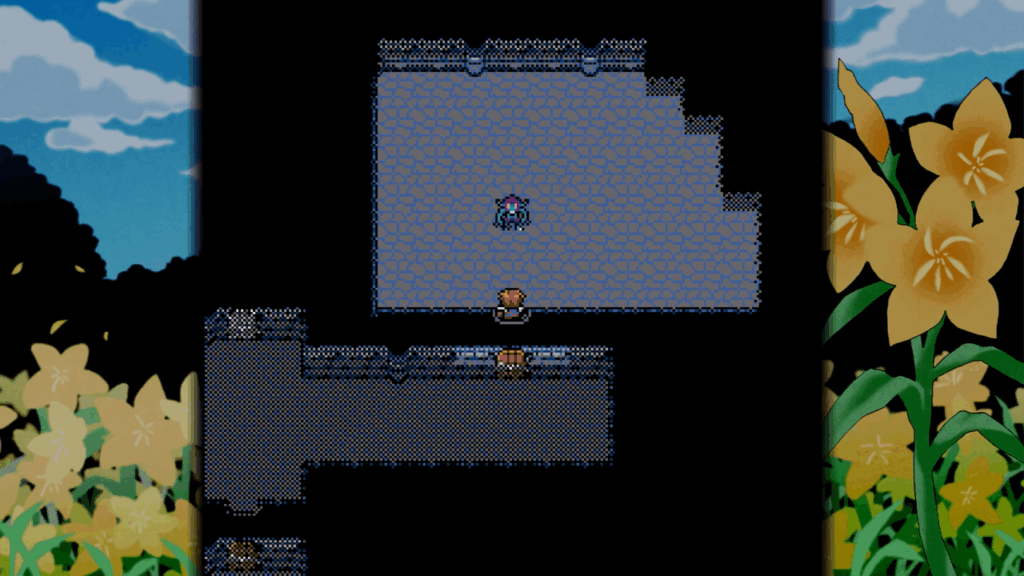 Screenshot di gioco di Dungeon Antiqua 2 con un party di personaggi 2D che esplora un dungeon buio in stile Super Nintendo.