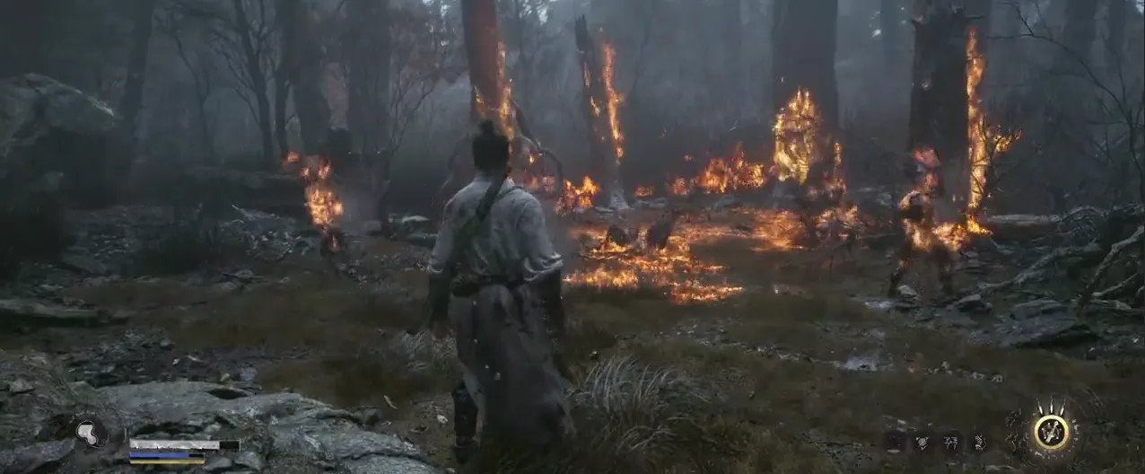 Schermata di gioco in cui il protagonista, visto di spalle, si trova in una foresta spoglia dove alberi e nemici mostruosi stanno bruciando tra fiamme intense.