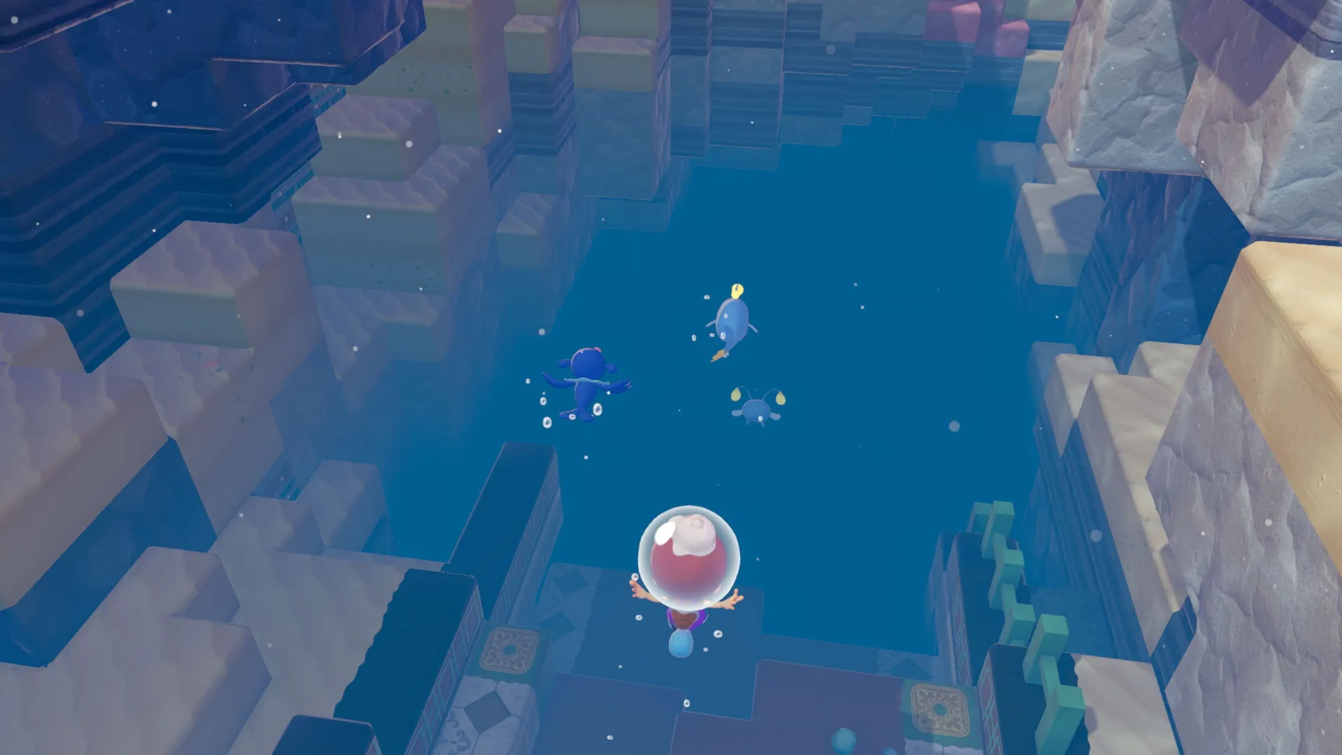 Immersione profonda in una fossa sottomarina buia in Pokémon Pokopia, con l'avatar scortato da Popplio, Finneon e Chinchou.