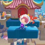 Avatar di Pokémon Pokopia con casco a bolla che esulta davanti a una casa in stile orientale, circondato da Pokémon acquatici.