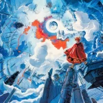 Un giovane avventuriero con un mantello rosso in piedi su colonne di pietra, circondato da un mondo sferico diviso tra ghiaccio blu e lava arancione, con un pianeta al centro del cielo. Terranigma