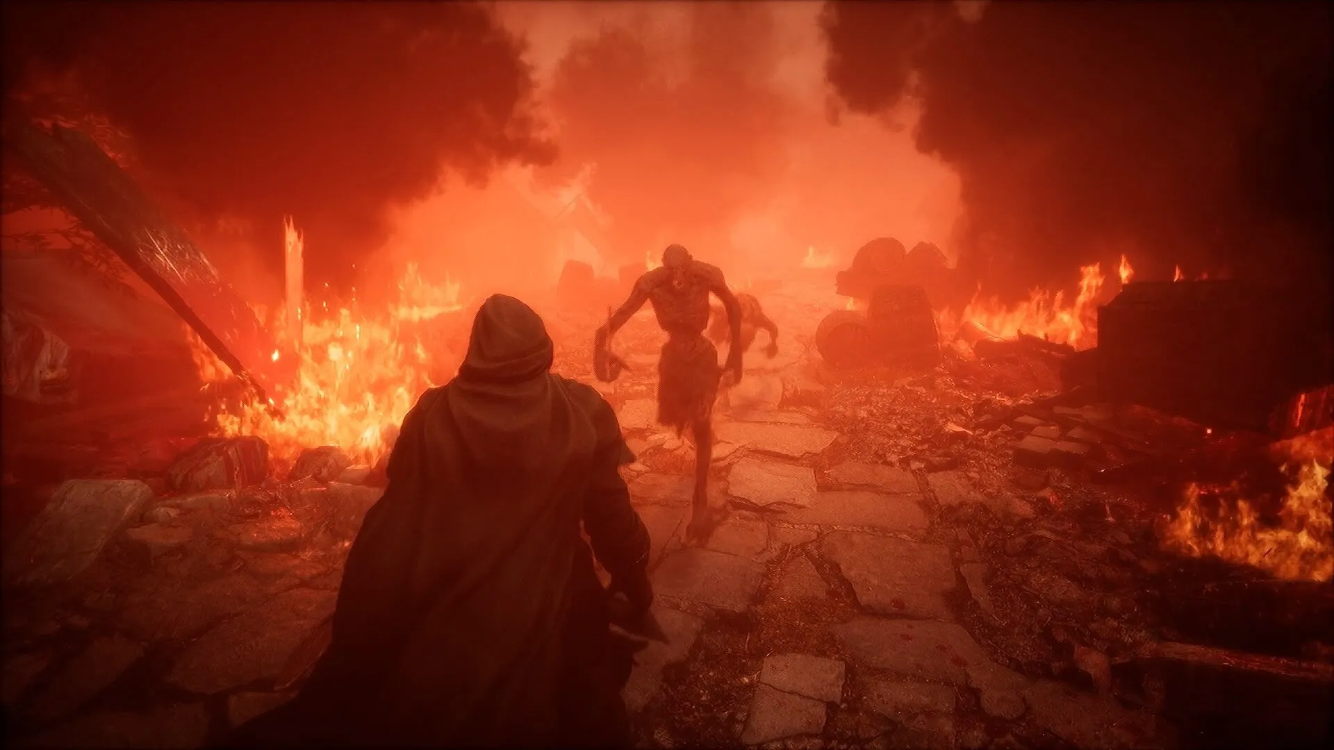 Screenshot di un villaggio in fiamme in The Relic: First Guardian. L'effetto visivo del fuoco è talmente esagerato e cromaticamente sballato da rendere illeggibile l'azione a schermo e confondere il giocatore.