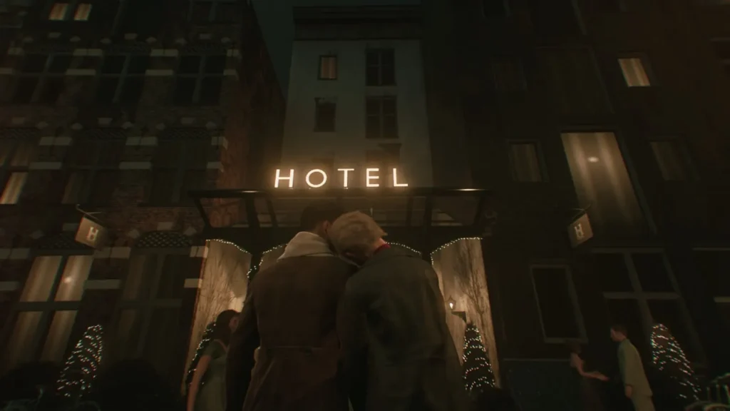Due uomini di spalle abbracciati davanti all'insegna al neon di un hotel nella notte. Incipit di 1666 Amsterdam