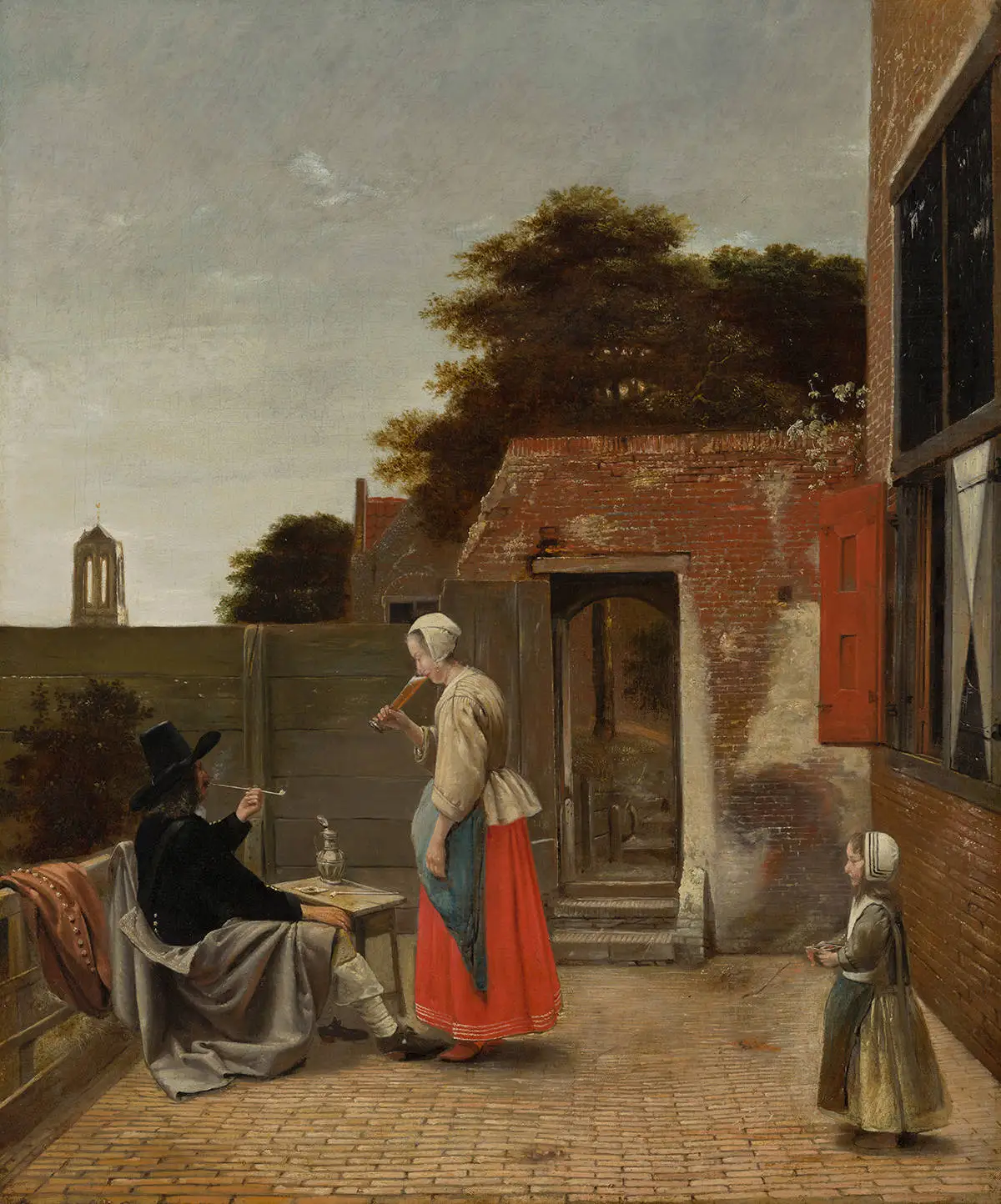 Alt text: Un dipinto olandese del Seicento che ritrae un uomo seduto che fuma, una donna in piedi che beve e una bambina in un cortile esterno pavimentato.