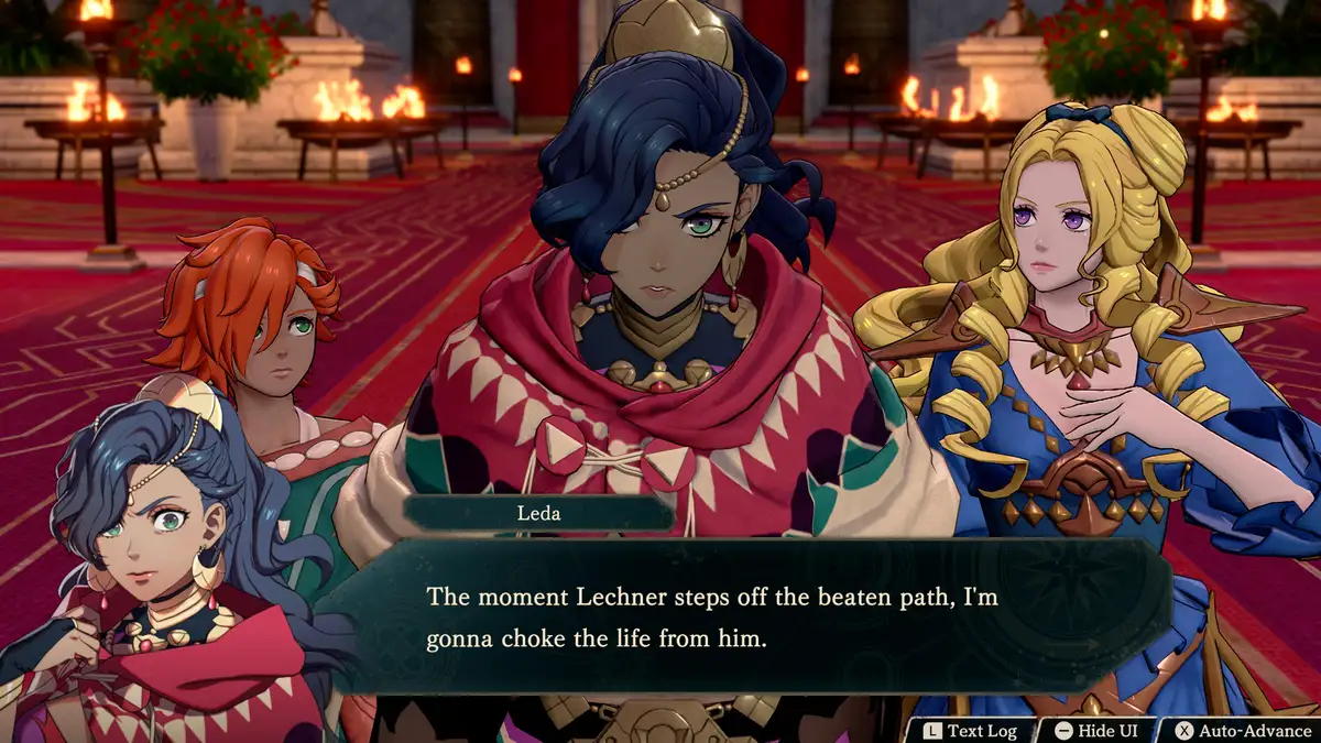 Fire Emblem Fortune Weave Recensione Leda, Mu e Olympia in un dei dialoghi di gioco