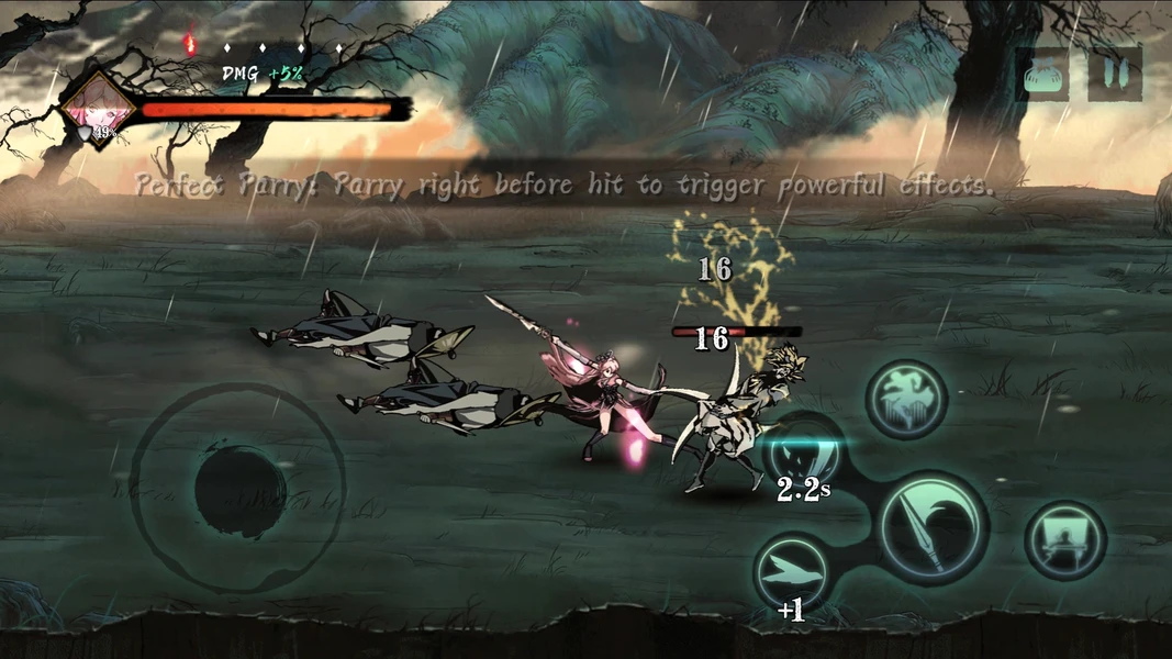 Uno screenshot dell'interfaccia utente mobile di Phantom Blade: Executioners che mostra un combattimento a scorrimento laterale 2D con icone di controllo virtuali.