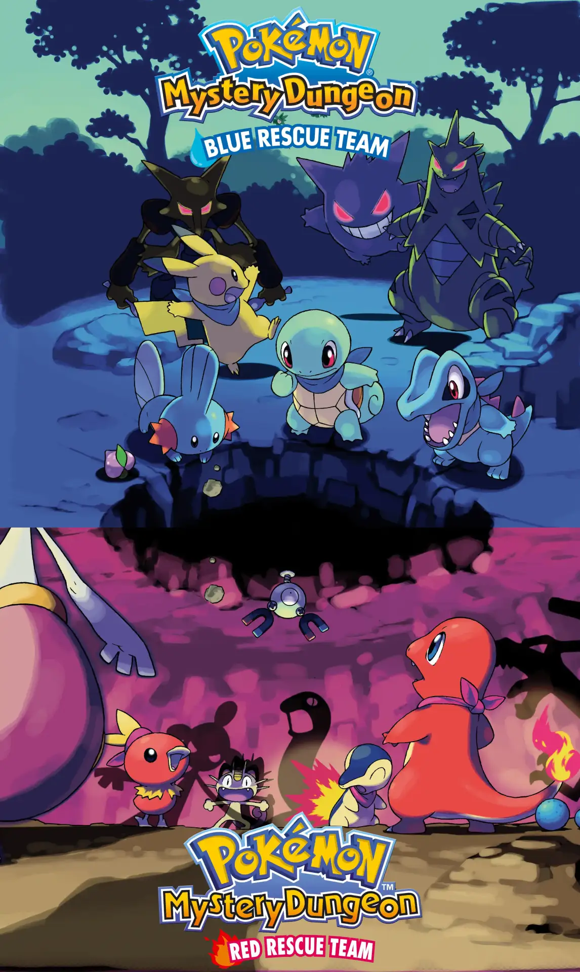 Immagine promozionale divisa a metà che unisce le copertine di Pokémon Mystery Dungeon: Blue Rescue Team e Red Rescue Team, con vari mostriciattoli radunati attorno a una voragine oscura.