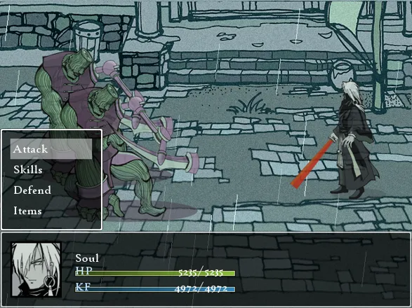 Uno screenshot del gioco RPG a turni pixel art in stile RPG Maker originale, che mostra un personaggio a destra che affronta un robot verde a sinistra sotto la pioggia.