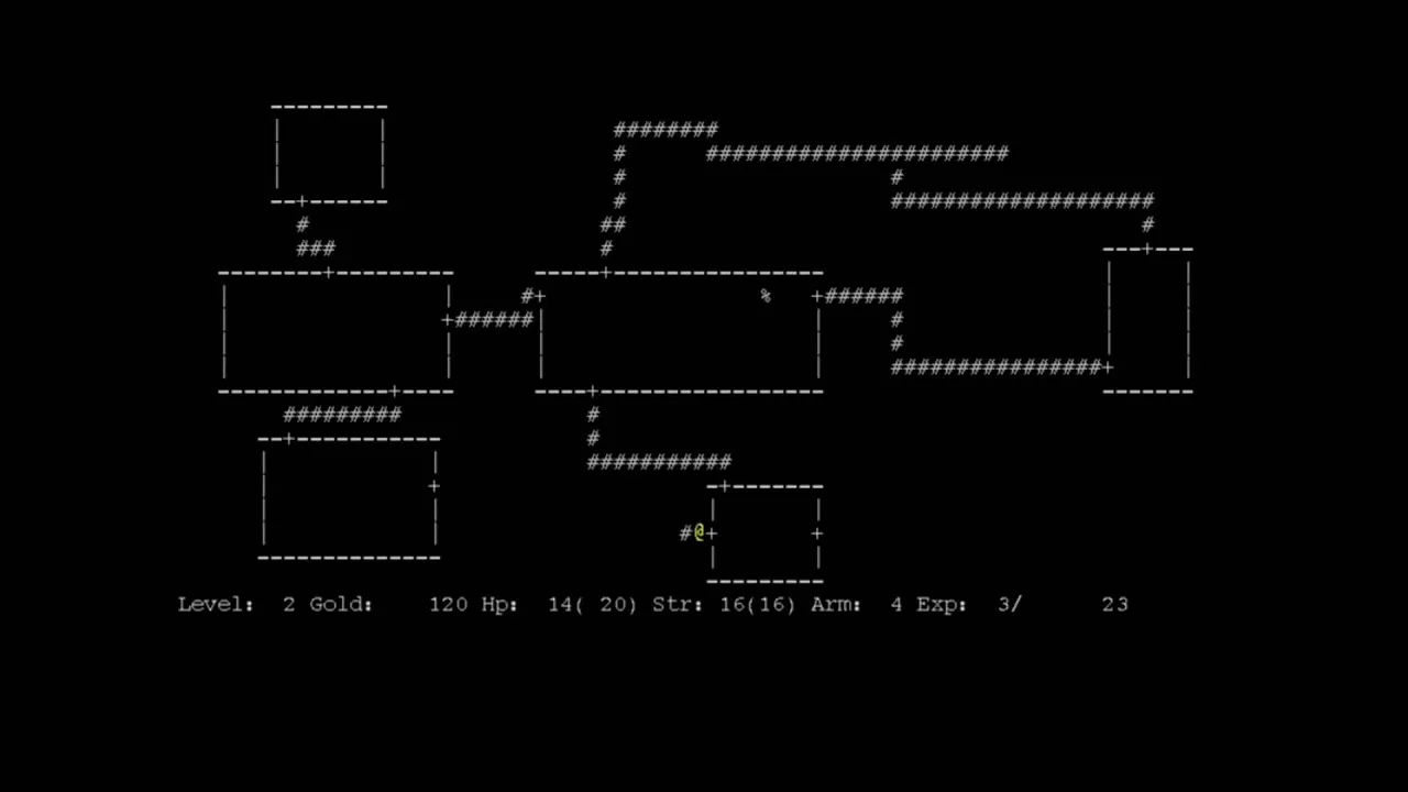 Screenshot del videogioco classico Rogue, che mostra una mappa di un dungeon creata interamente con caratteri di testo ASCII bianchi su sfondo nero.