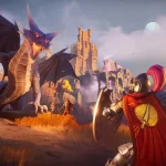 Un cavaliere in armatura in RuneScape Dragonwilds con una spada scintillante e un mantello rosso affronta un drago gigante e un guerriero oscuro davanti a un castello.