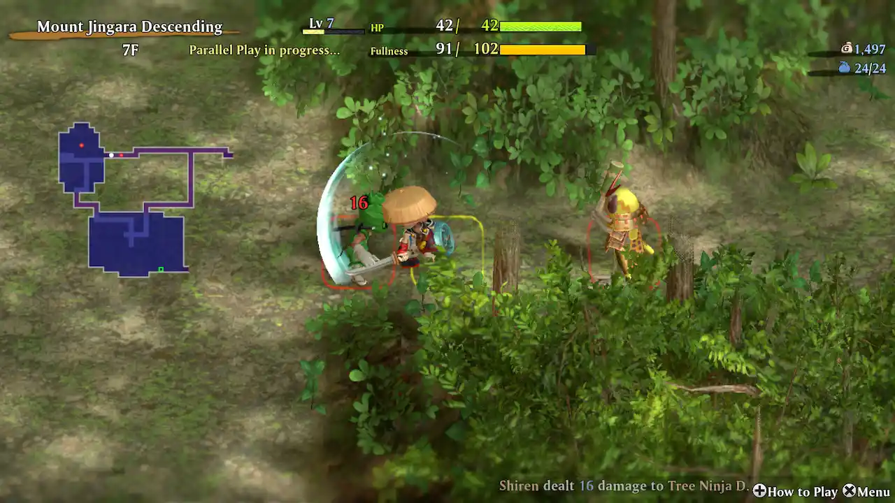 Screenshot di combattimento in Shiren the Wanderer: il protagonista attacca un nemico in un'area boscosa, con mappa e statistiche visibili a schermo.