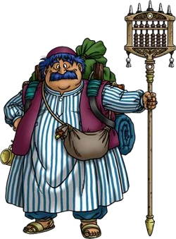 Illustrazione ufficiale di Torneko, un corpulento mercante con baffi blu, vestito con una tunica a righe, che impugna un grande bastone a forma di abaco.