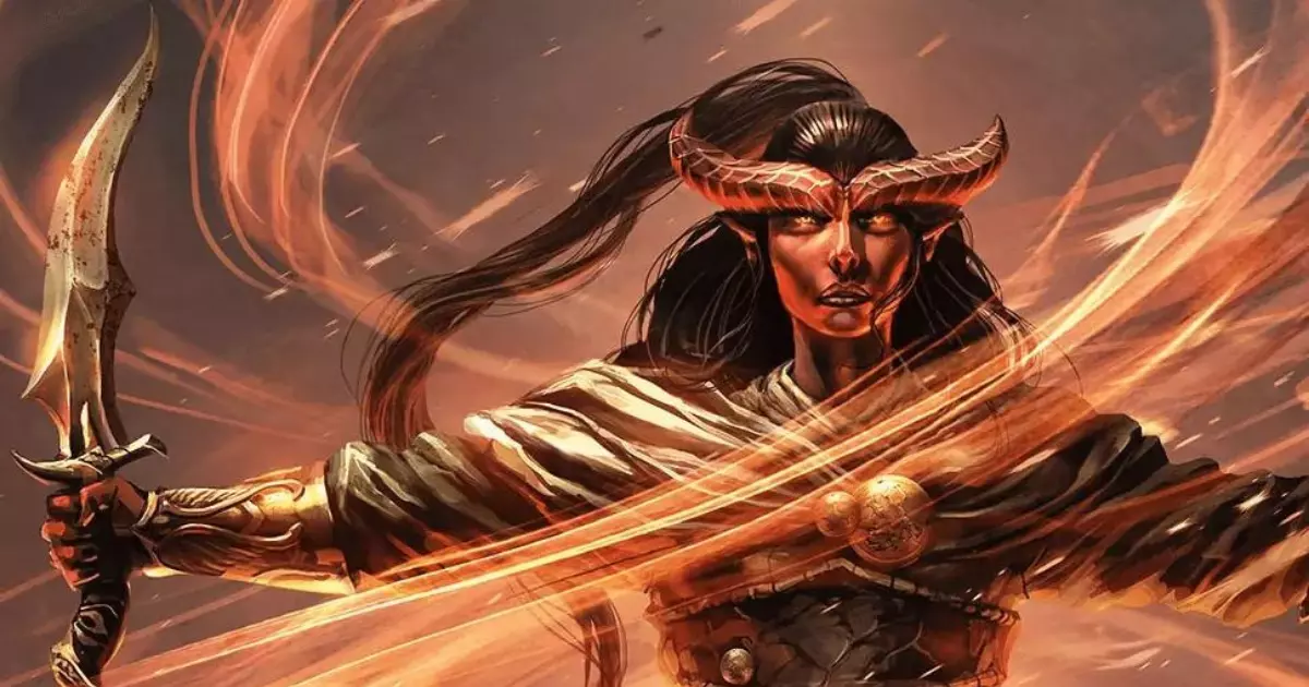 Un Warlock Tiefling con pelle rossa e corna che impugna un pugnale circondato da fiamme.