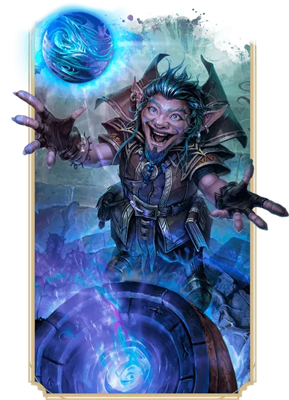Un Warlock Gnomo sorridente con capelli blu che manipola una sfera di energia magica.