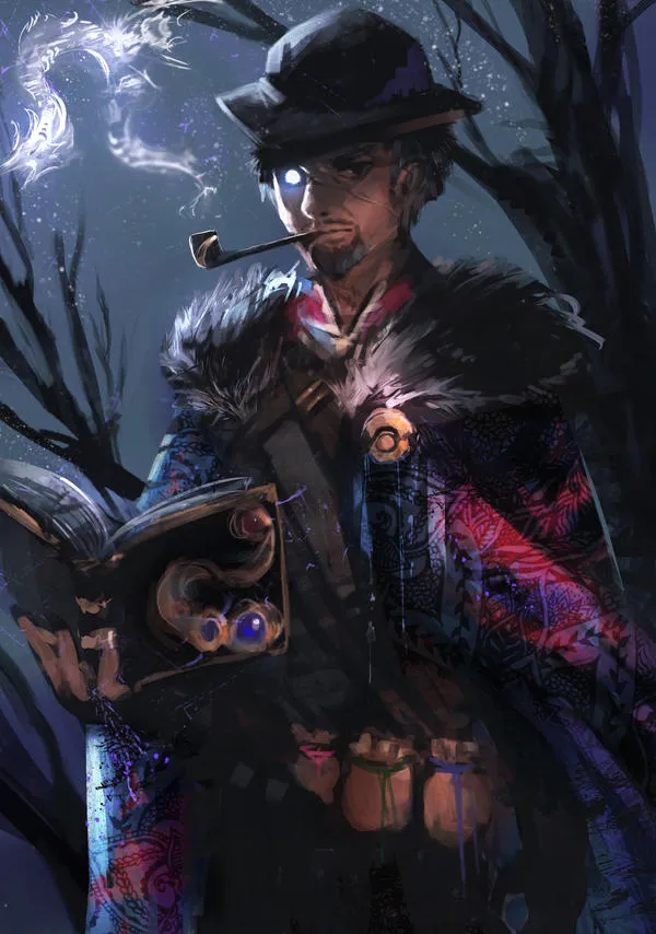 Un Warlock Umano con un occhio luminoso e una pipa, che legge un grimorio oscuro.